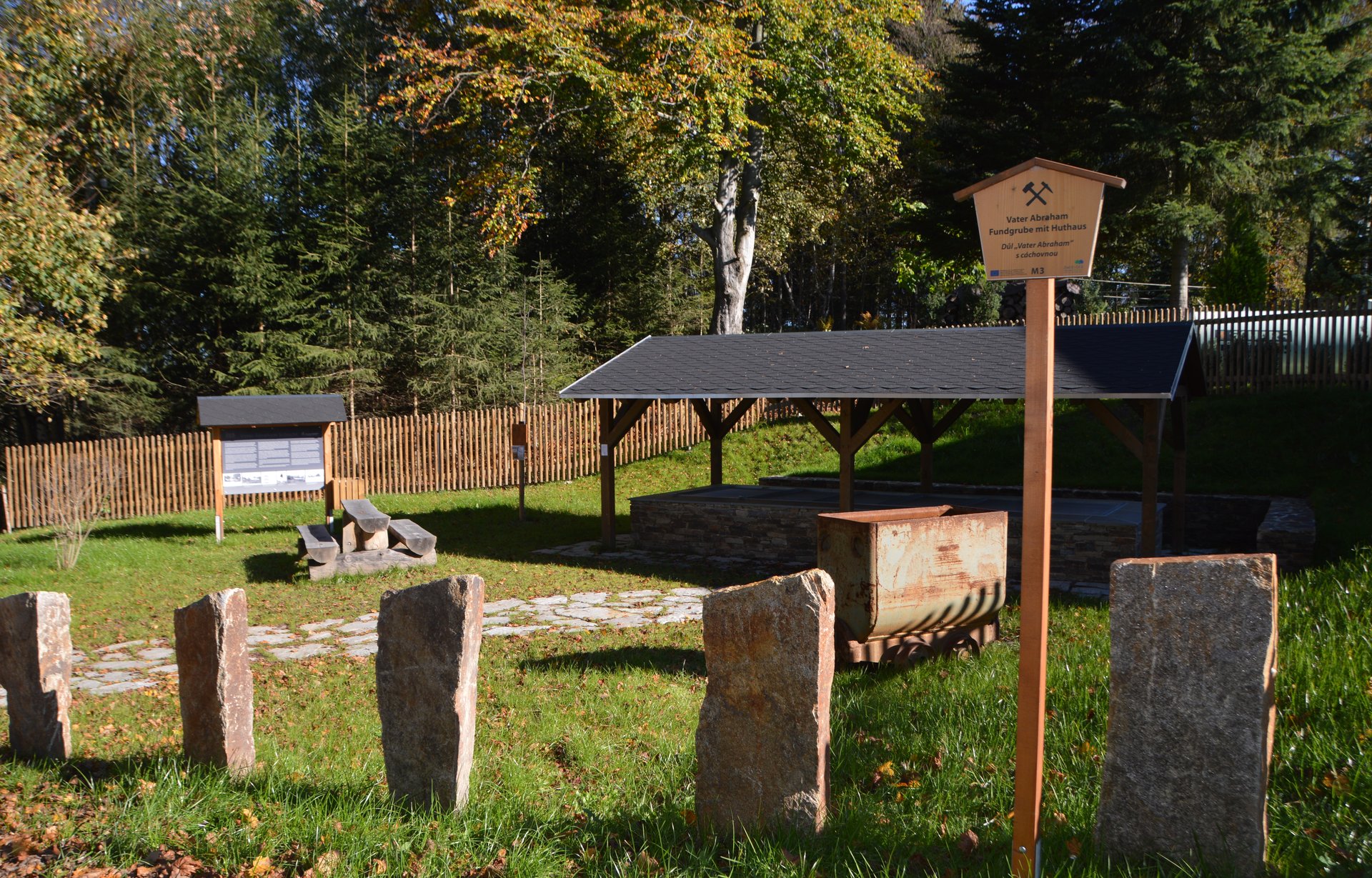 Bergbaulehrpfad am Abrahamschacht. Im Vordergrund befinden sich 5 Steine die auf einer Wiese stehen. Im Hintergrund befindet sich eine Hütte und eine Tafel.
